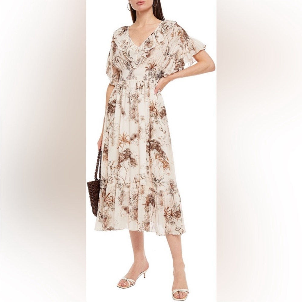 New | Sandro Sandro Natural Marro Ruffled Elephant Tree Print Gauze
Midi Dress